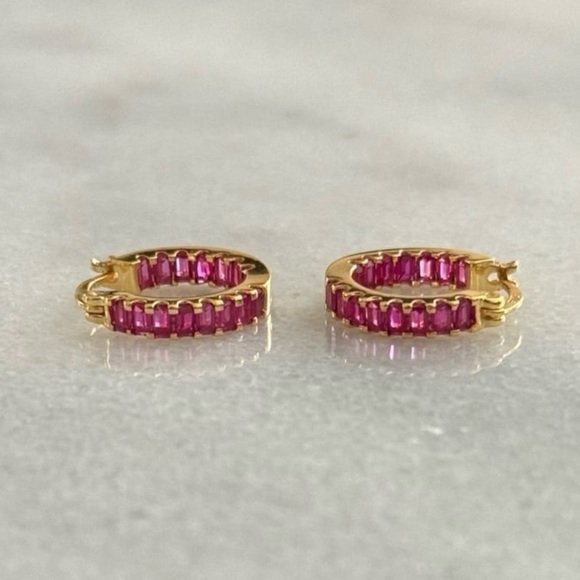 Modest Lu Jewelry - NEW STOCK Gold Pink Crystal Princess Pave Hoop Earrings